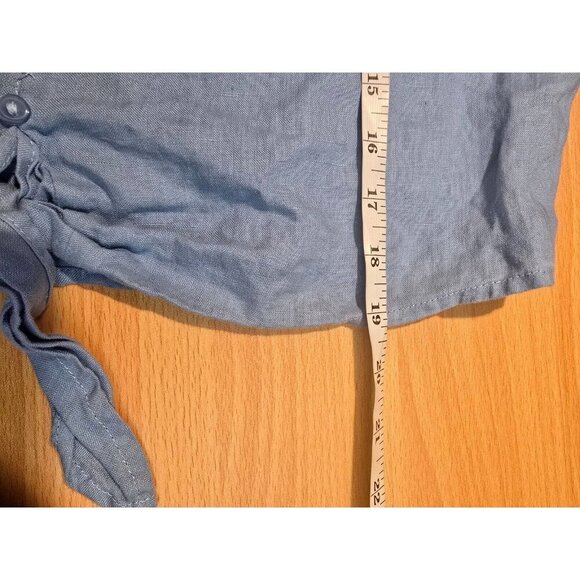 For Cynthia Linen Blouse L Blue Cropped Tie Waste Buttons Ruffles Bell Sleeve - Picture 9 of 12
